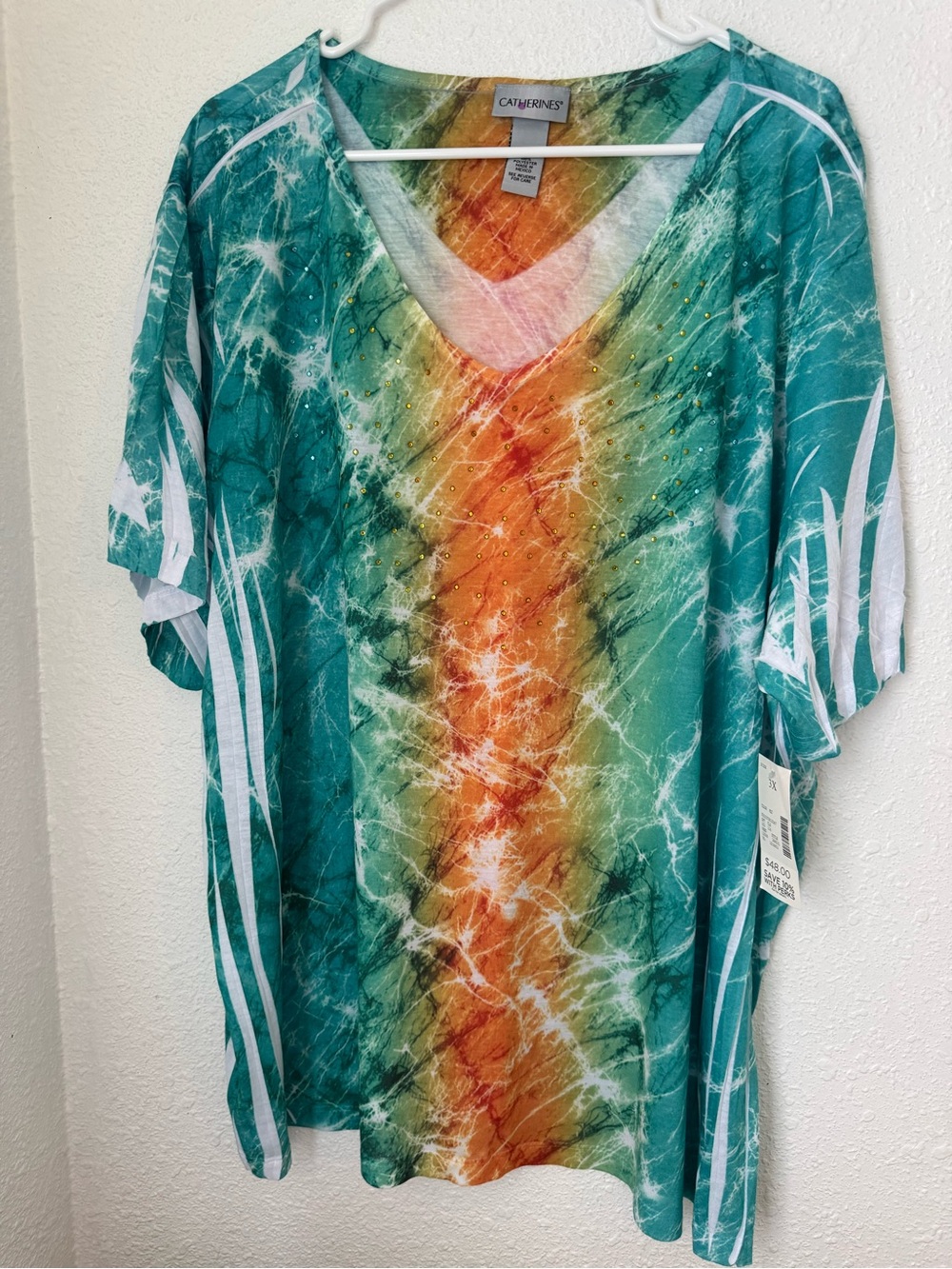 Catherines Teal & White Tie-Dye V-Neck Top
